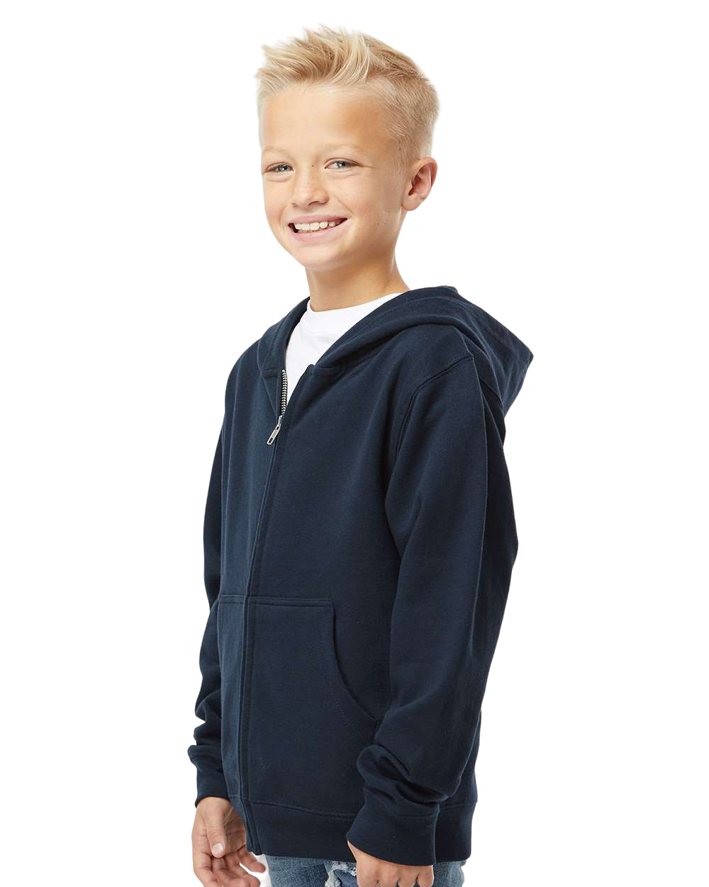 Wholesale Youth Fleece Zip Up Hooded Sweatshirt in Navy